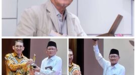 Foto : D. Zawawi Imron (bawah) menerima penerima anugerah Sastrawan Adiluhung dari Menteri Kebudayaan RI Fadli Zon 