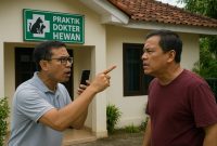 Ilustrasi: Ketegangan antara dua pria di depan praktik dokter hewan, menggambarkan perselisihan yang terjadi di lingkungan sekitar.
