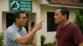 Ilustrasi: Ketegangan antara dua pria di depan praktik dokter hewan, menggambarkan perselisihan yang terjadi di lingkungan sekitar.

