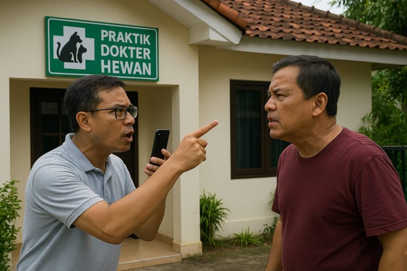 Ilustrasi: Ketegangan antara dua pria di depan praktik dokter hewan, menggambarkan perselisihan yang terjadi di lingkungan sekitar.