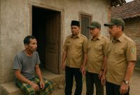Seorang warga duduk di depan rumahnya saat didatangi tiga orang yang mengenakan seragam mirip perangkat desa. Gambar ini hanya ilustrasi dan bukan dokumentasi kejadian sebenarnya.
