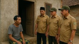 Seorang warga duduk di depan rumahnya saat didatangi tiga orang yang mengenakan seragam mirip perangkat desa. Gambar ini hanya ilustrasi dan bukan dokumentasi kejadian sebenarnya.
