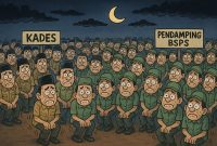 Foto: Puluhan kepala desa dan pendamping BSPS tampak ketakutan di bawah sinar rembulan simbol kecemasan atas laporan dugaan korupsi yang mulai diusut Kejaksaan. (Ilustrasi Kritis) 