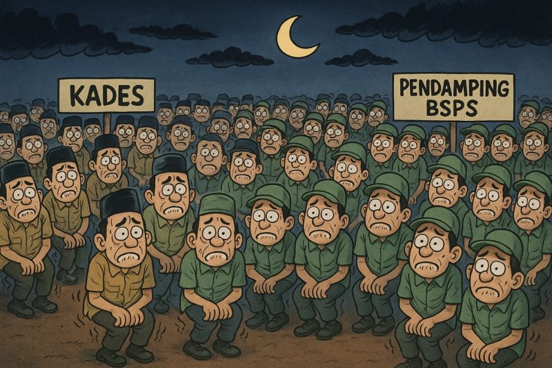Foto: Puluhan kepala desa dan pendamping BSPS tampak ketakutan di bawah sinar rembulan simbol kecemasan atas laporan dugaan korupsi yang mulai diusut Kejaksaan. (Ilustrasi Kritis) 