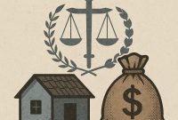 Foto: Ilustrasi dugaan penyimpangan dalam program BSPS 2024: simbol keadilan, rumah bantuan, dan dana negara.