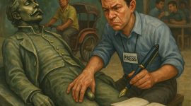 Foto: Ilustrasi satir seorang wartawan frustrasi menyentuh patung Victor Noir, menggambarkan krisis moral dan profesionalisme pers modern.
