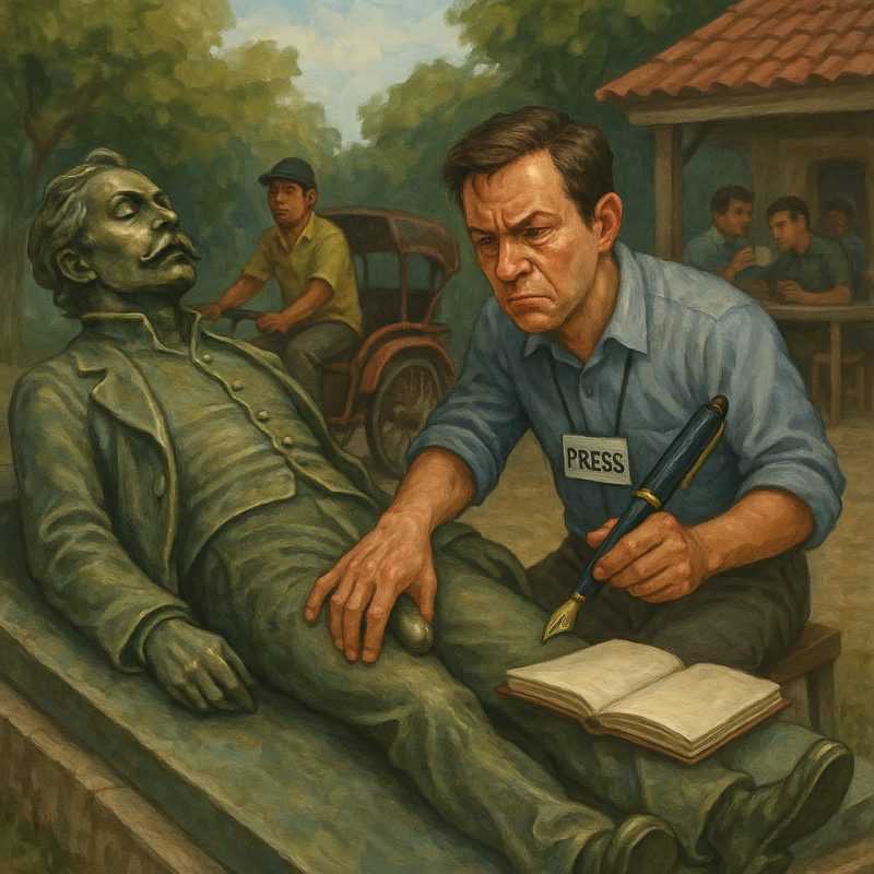 Foto: Ilustrasi satir seorang wartawan frustrasi menyentuh patung Victor Noir, menggambarkan krisis moral dan profesionalisme pers modern.
