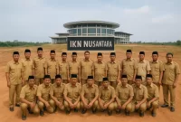 Foto: Ilustrasi sejumlah kepala desa berpose di depan kawasan IKN Nusantara. (Foto ilustrasi, bukan dokumentasi asli kegiatan)