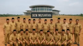 Foto: Ilustrasi sejumlah kepala desa berpose di depan kawasan IKN Nusantara. (Foto ilustrasi, bukan dokumentasi asli kegiatan)