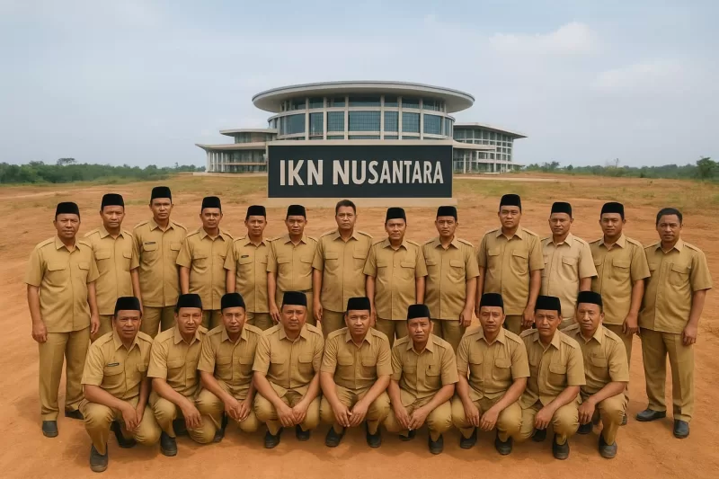 Foto: Ilustrasi sejumlah kepala desa berpose di depan kawasan IKN Nusantara. (Foto ilustrasi, bukan dokumentasi asli kegiatan)