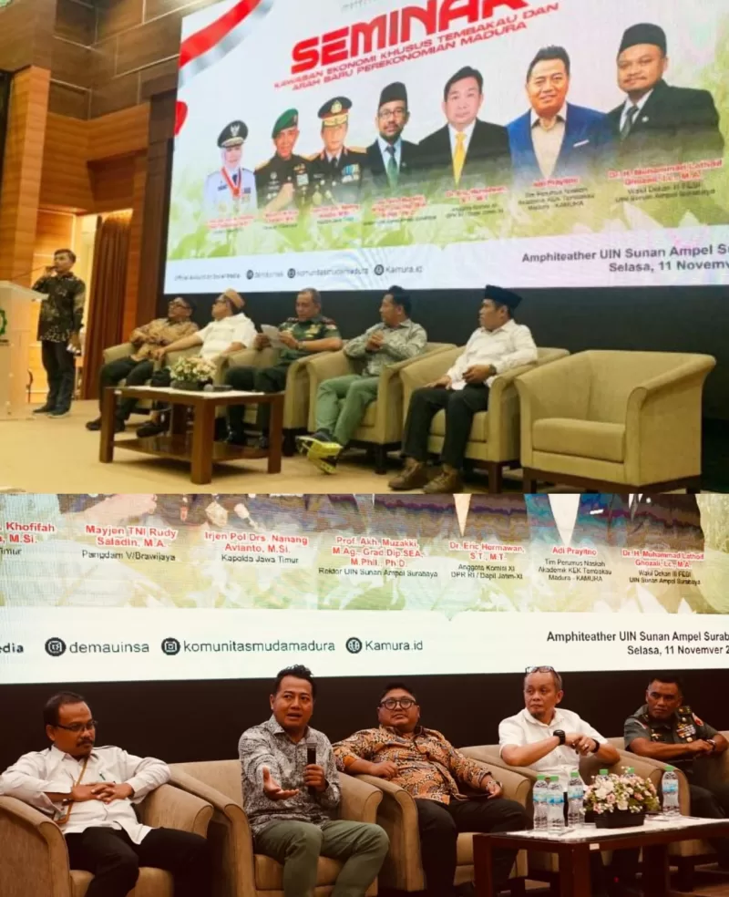 Foto: Para narasumber saat memaparkan gagasan pembentukan Kawasan Ekonomi Khusus (KEK) Tembakau Madura dalam seminar di UIN Sunan Ampel Surabaya, Selasa (11/11). (Dok. KAMURA)