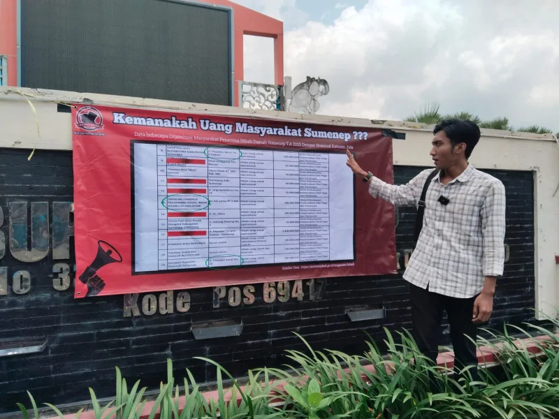Foto: Analis kebijakan publik Efendi Pradana memaparkan temuan kejanggalan data penerima hibah Sumenep 2025 melalui baliho informasi yang dipasang di ruang publik.