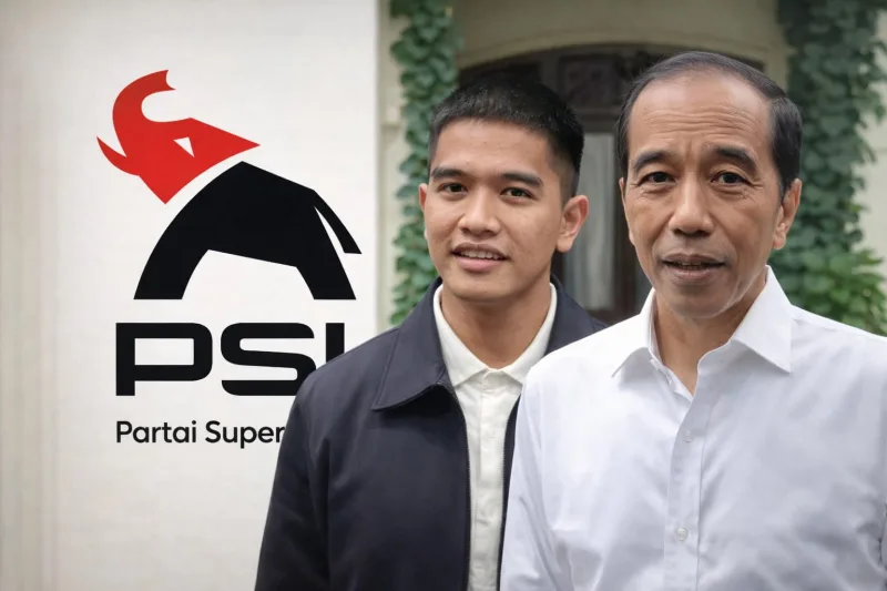 Foto: Logo PSI tampak di sisi kiri, berdampingan dengan Ketua Umum PSI dan Presiden RI ke-7