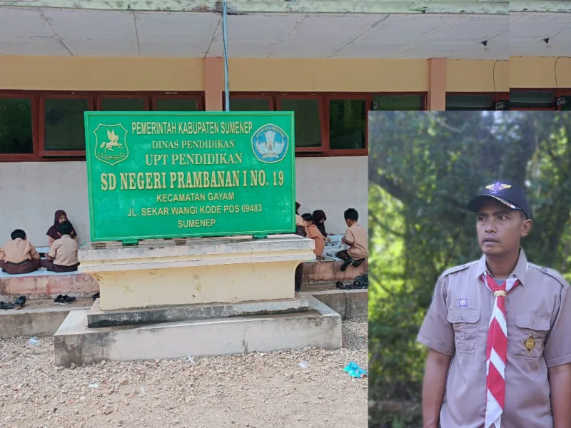 Foto: Tampak papan nama SDN Prambanan 1 Sapudi di Kecamatan Gayam, Kabupaten Sumenep (kiri), serta potret Kepala Sekolah Fathor Rasidi (kanan).