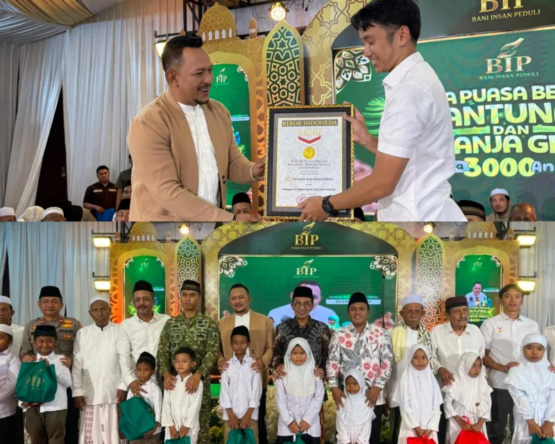 Foto: Founder Ali Zainal Abidin menerima piagam penghargaan dari Museum Rekor Dunia Indonesia (MURI) atas kegiatan santunan 3.000 anak yatim yang digelar Yayasan Bani Insan Peduli. 