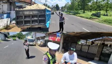 Foto: Petugas Satlantas Polres Sumenep menindak dump truck bermuatan material tanpa terpal dalam patroli di jalan raya. 
