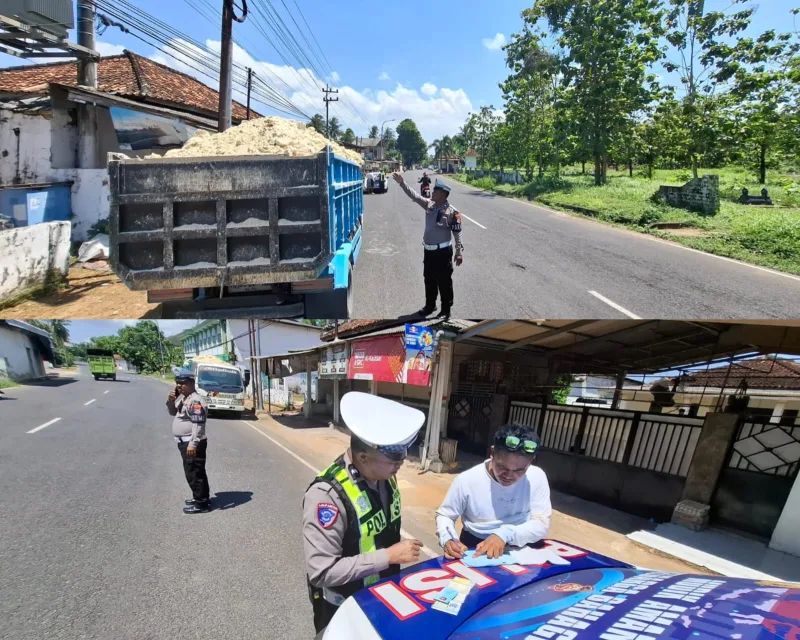 Foto: Petugas Satlantas Polres Sumenep menindak dump truck bermuatan material tanpa terpal dalam patroli di jalan raya. 