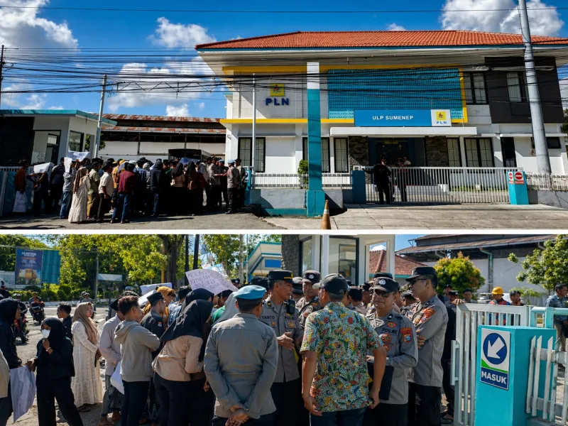 Foto: Massa aksi mendatangi kantor PLN ULP Sumenep, dikawal aparat kepolisian saat menyampaikan tuntutan.