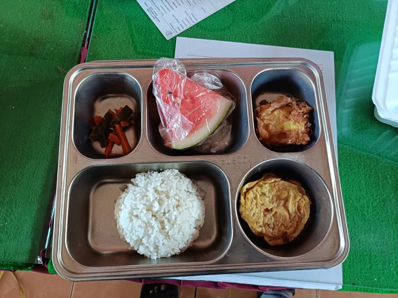 Foto: Menu makan bergizi gratis (MBG) yang diterima siswa, terdiri dari nasi, lauk, sayur, dan buah.