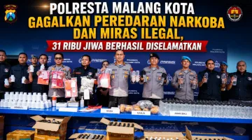 Foto: Polresta Malang Kota menunjukkan barang bukti narkoba dan miras ilegal hasil pengungkapan puluhan kasus.