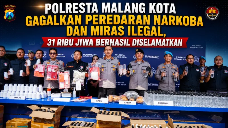 Foto: Polresta Malang Kota menunjukkan barang bukti narkoba dan miras ilegal hasil pengungkapan puluhan kasus.
