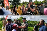 Foto: Pangdam V/Brawijaya menyapa warga saat meninjau pembangunan jembatan di Ambunten, Sumenep.