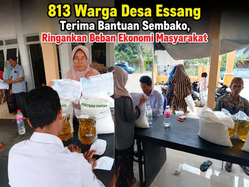 Foto: Warga Desa Essang antusias menerima bantuan sembako berupa beras dan minyak goreng dari program ketahanan pangan nasional.
