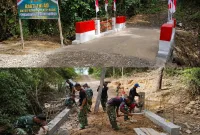 Foto: Personel TNI AD bergotong royong membangun hingga merampungkan Jembatan Aramco di Desa Botombawo, Nias Utara, sebagai wujud Bakti TNI untuk rakyat.