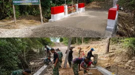Foto: Personel TNI AD bergotong royong membangun hingga merampungkan Jembatan Aramco di Desa Botombawo, Nias Utara, sebagai wujud Bakti TNI untuk rakyat.