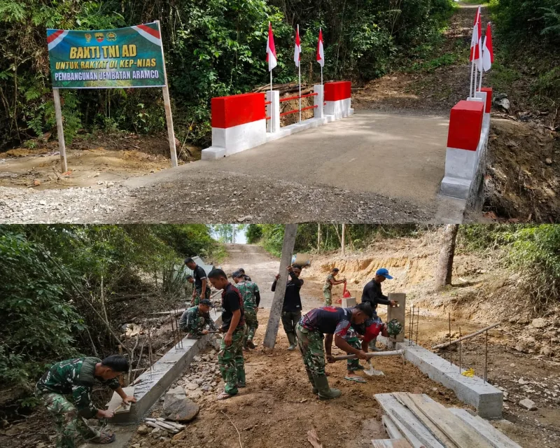 Foto: Personel TNI AD bergotong royong membangun hingga merampungkan Jembatan Aramco di Desa Botombawo, Nias Utara, sebagai wujud Bakti TNI untuk rakyat.