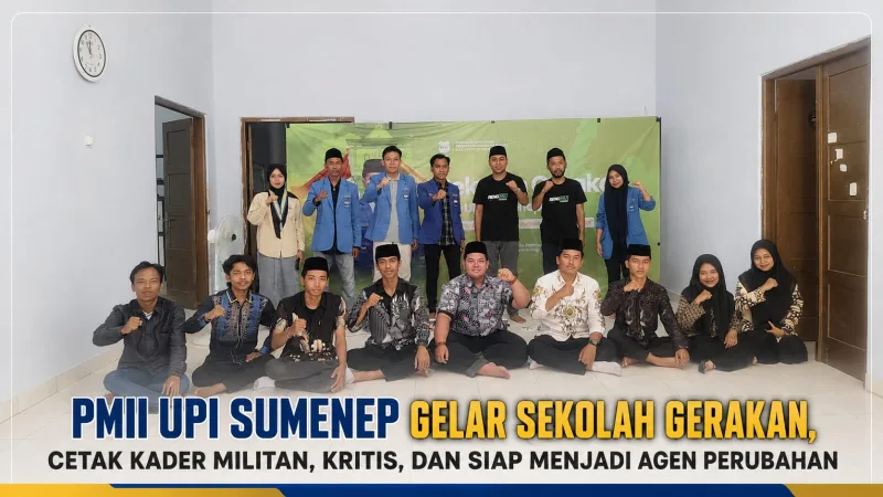 Foto: Foto bersama peserta, panitia, dan narasumber usai pembukaan Sekolah Gerakan PMII Komisariat UPI Sumenep di Mess Perssu Sumenep, Sabtu (18/7/2026).