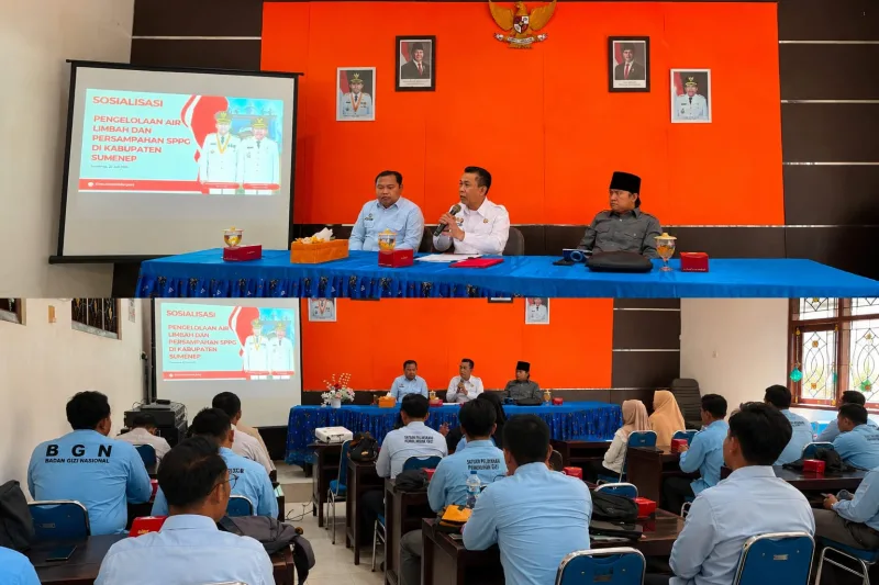 Foto: Kepala DLH Kabupaten Sumenep, Anwar Sahroni Yusuf, AP., M.Si. (tengah), saat memberikan paparan pada sosialisasi pengelolaan air limbah dan persampahan SPPG.