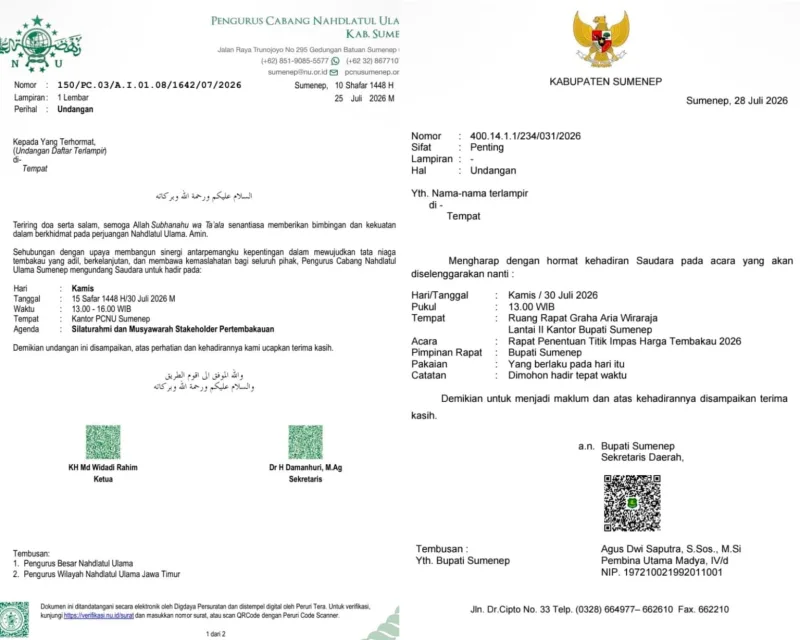 Foto: Surat resmi dari Pengurus Cabang Nahdlatul Ulama (PCNU) Sumenep (Kiri) dan Surat resmi dari Pemerintah Kabupaten Sumenep (Kanan).