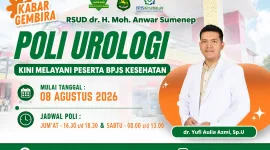 PAMFLET. RSUDMA Sumenep menghadirkan layanan Poli Urologi untuk peserta BPJS Kesehatan bersama dr. Yufi Aulia Azmi, spesialis urologi.