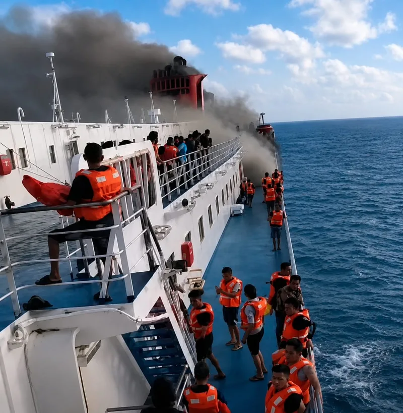 Foto: Kondisi KM Mutiara Sentosa 2 saat terbakar di perairan utara Sumenep, Minggu (2/8/2026).
