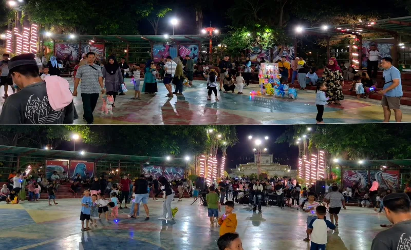 Foto: Suasana Taman Potre Koneng (Taman Bunga) Sumenep pada Sabtu malam (15/8/2026) tampak ramai dipadati masyarakat.