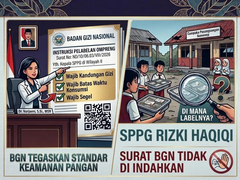 SPPG Yayasan Rizki Haqiqi Campaka, Kecamatan Pasongsongan, Sumenep, yang disorot terkait dugaan belum diterapkannya pelabelan fisik pada ompreng MBG sesuai instruksi BGN