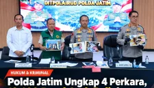 Foto: Konferensi pers Ditpolairud Polda Jatim mengungkap empat perkara, termasuk 10.600 botol arak Bali dan dugaan penyalahgunaan solar subsidi.